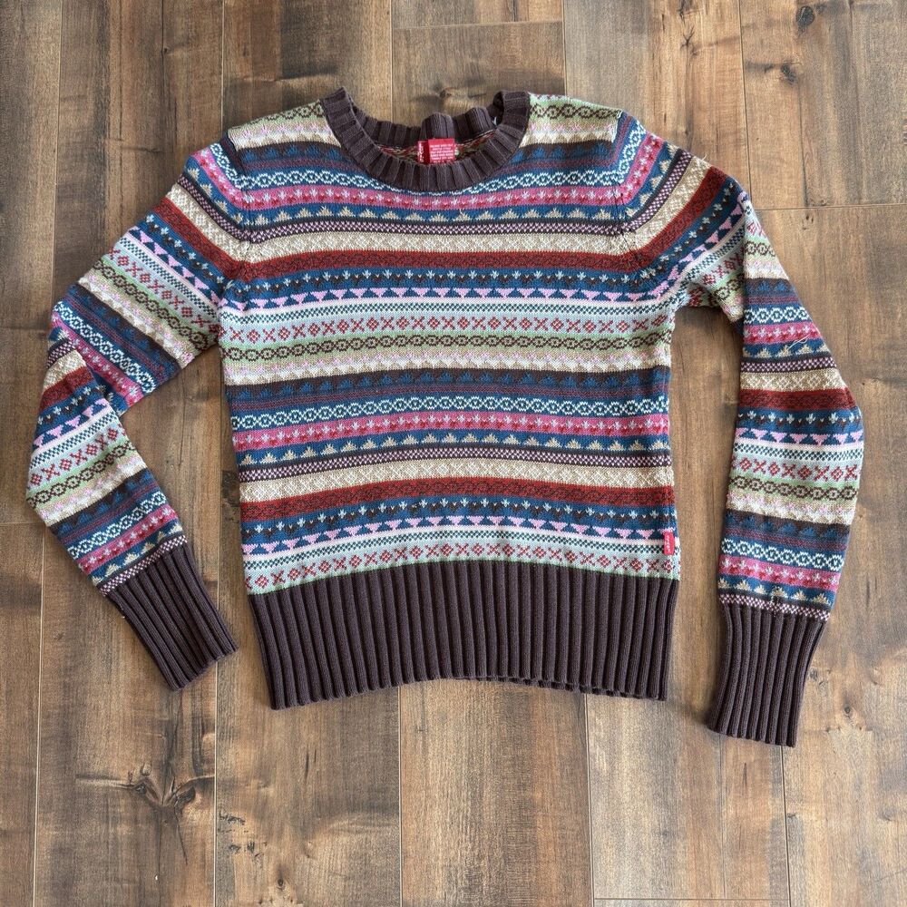 Levi's Sweater YOUTH Large Brown Blue Gold Striped Fair Isle Crewneck Winter